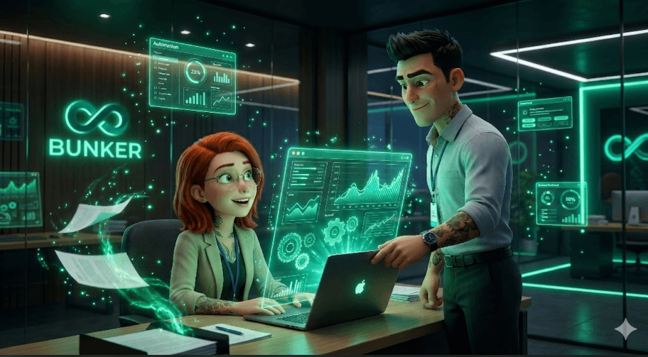 Personajes de Automatizaciones F&D: mujer pelirroja con gafas y hombre con tatuajes en oficina futurista